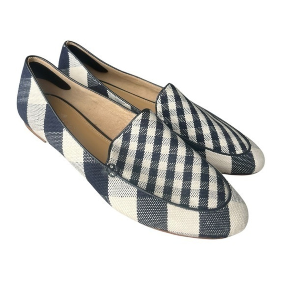 Talbots Ryan blue cream Gingham plaid Canvas slip on flat loafer 9.5N (Narrow)